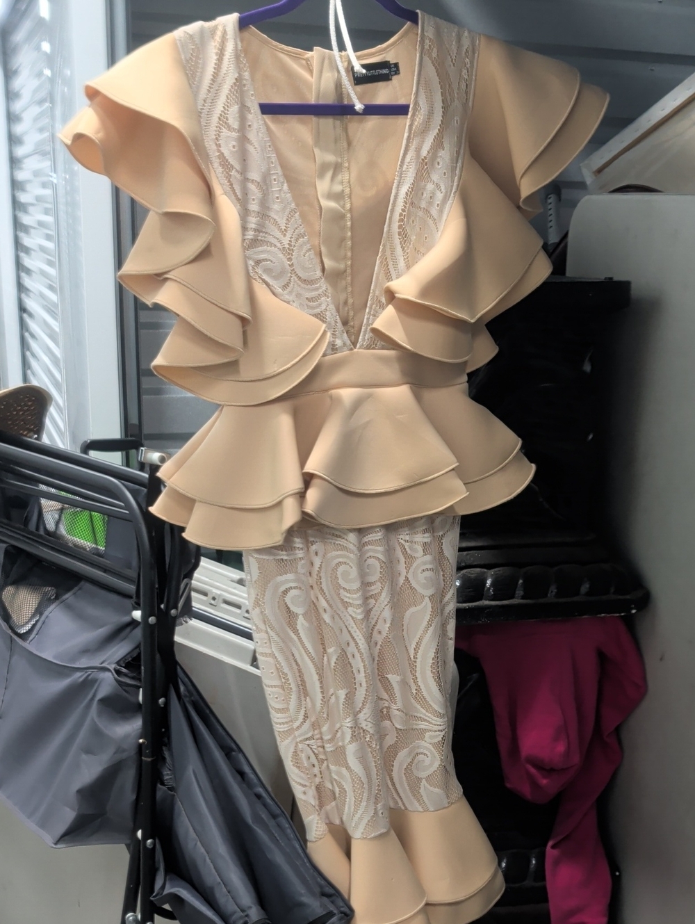 PrettyLittleThing Beige Ruffle Peplum Lace Jumpsuit